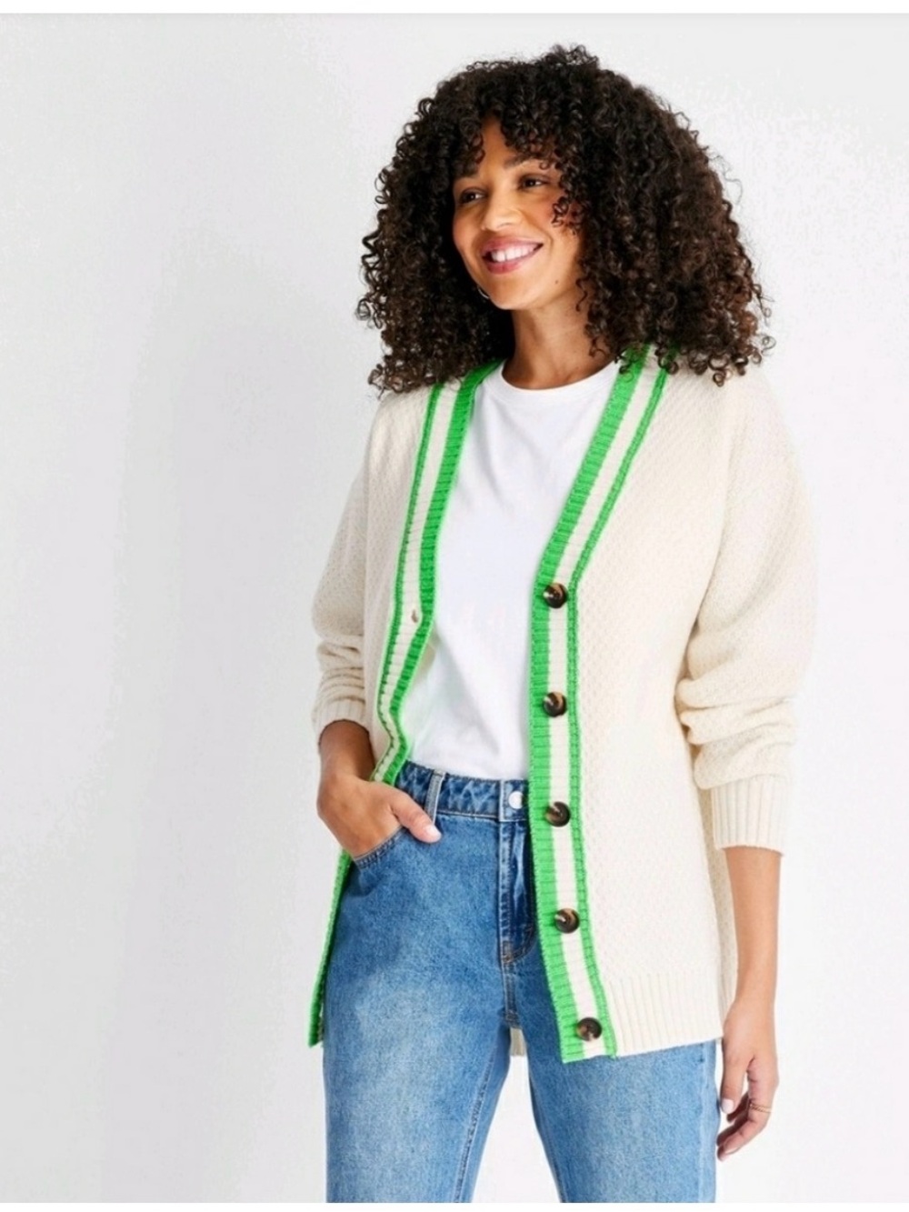 Future Collective Kahlana Barfield Brown cardigan cream with green trim small